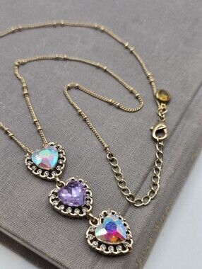 Dainty Gold Chain Rainbow Crystal Heart Necklace 18" Y2k McBling CZ Sparkles